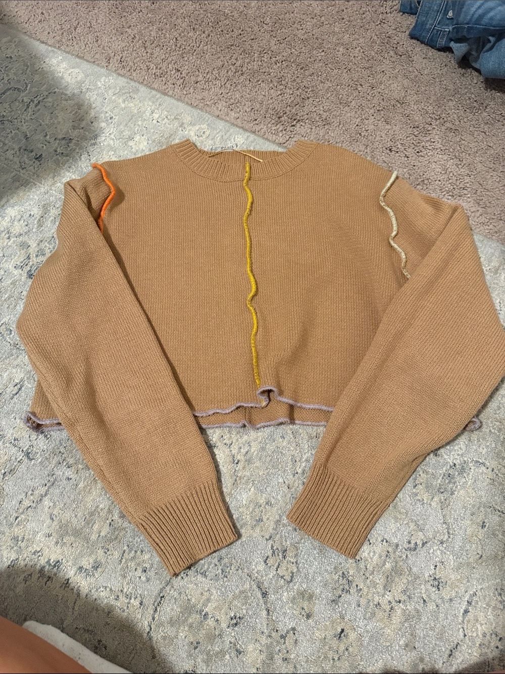 Cropped Tan Crewneck Sweater with Contrast Stitching